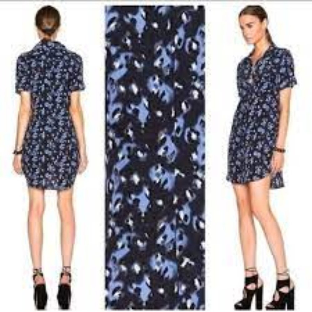 EQUIPMENT SILK S/S  Button Down Shirt Dress Blue Leopard Print Size Small